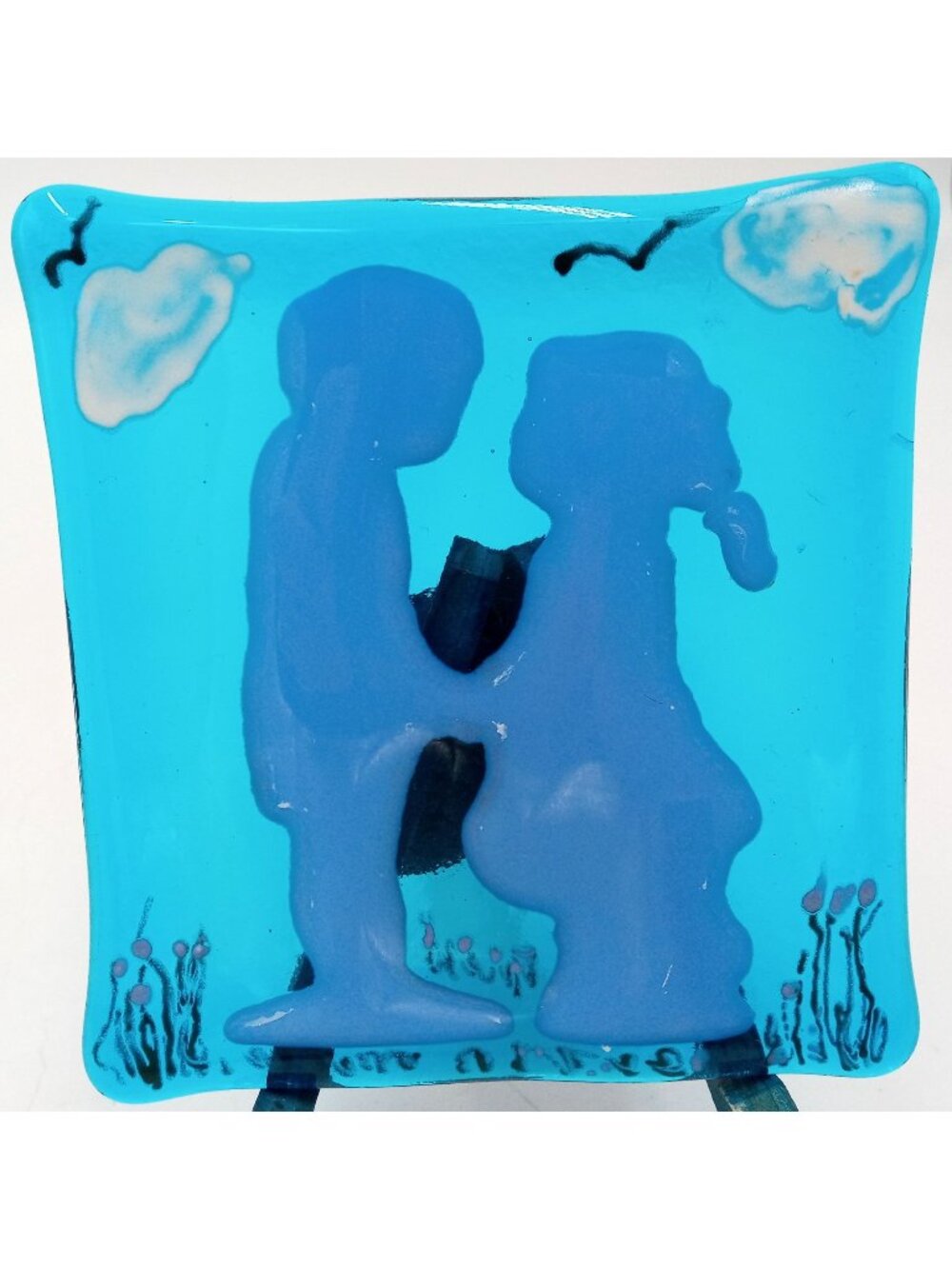 Romantic Blue Fused Glass Tile Handmade Cozy Cottagecore Lovecore Art OOAK Vtg